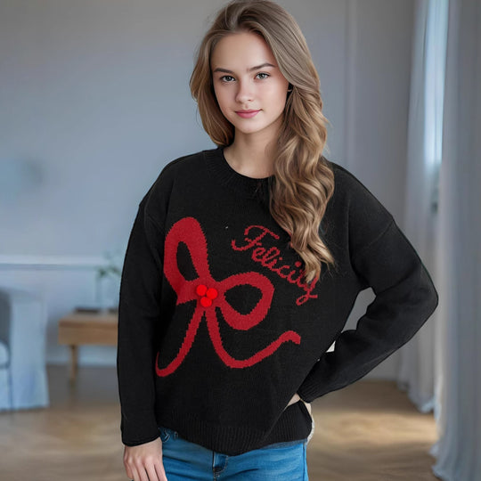 Damen kuscheliger Pullover mit verspielt gestalteter Schleifenapplikation Heidi-Mode