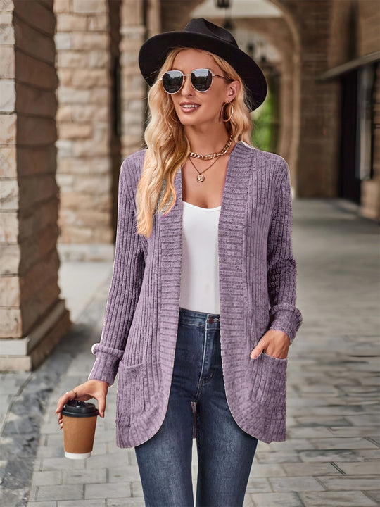 Damen offene Strickjacke mit strukturierter Oberfläche und praktischen Taschen Heidi-Mode