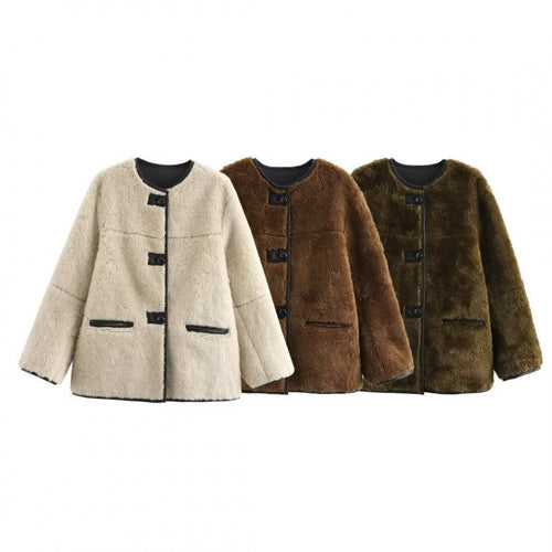 Damen Teddyjacke mit kontrastierenden Taschen und Knopfdetails Heidi-Mode