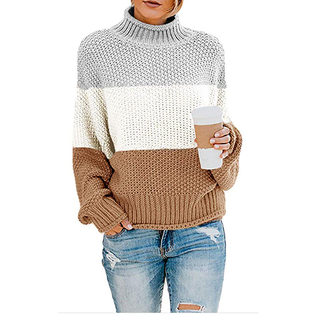 Damen Grobstrickpullover mit hohem Kragen und modischem Farbblockdesign Heidi-Mode