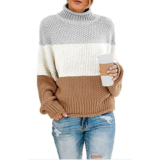 Damen Grobstrickpullover mit hohem Kragen und modischem Farbblockdesign Heidi-Mode