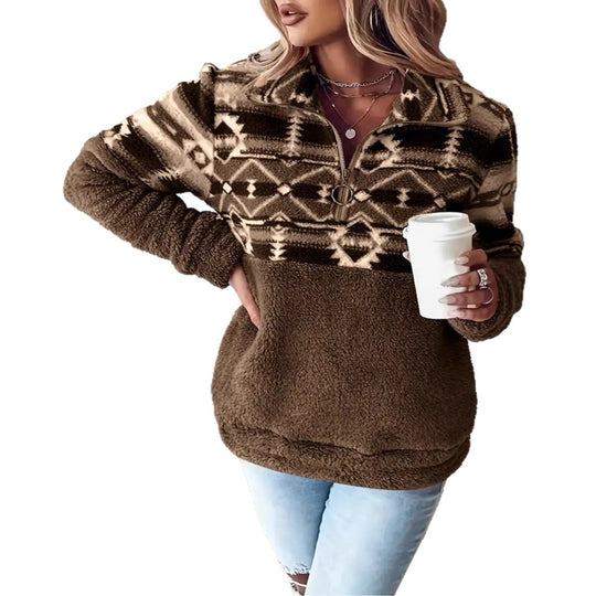 Damen Fleece-Pullover mit modernem Aztekenmuster und Stehkragen Heidi-Mode