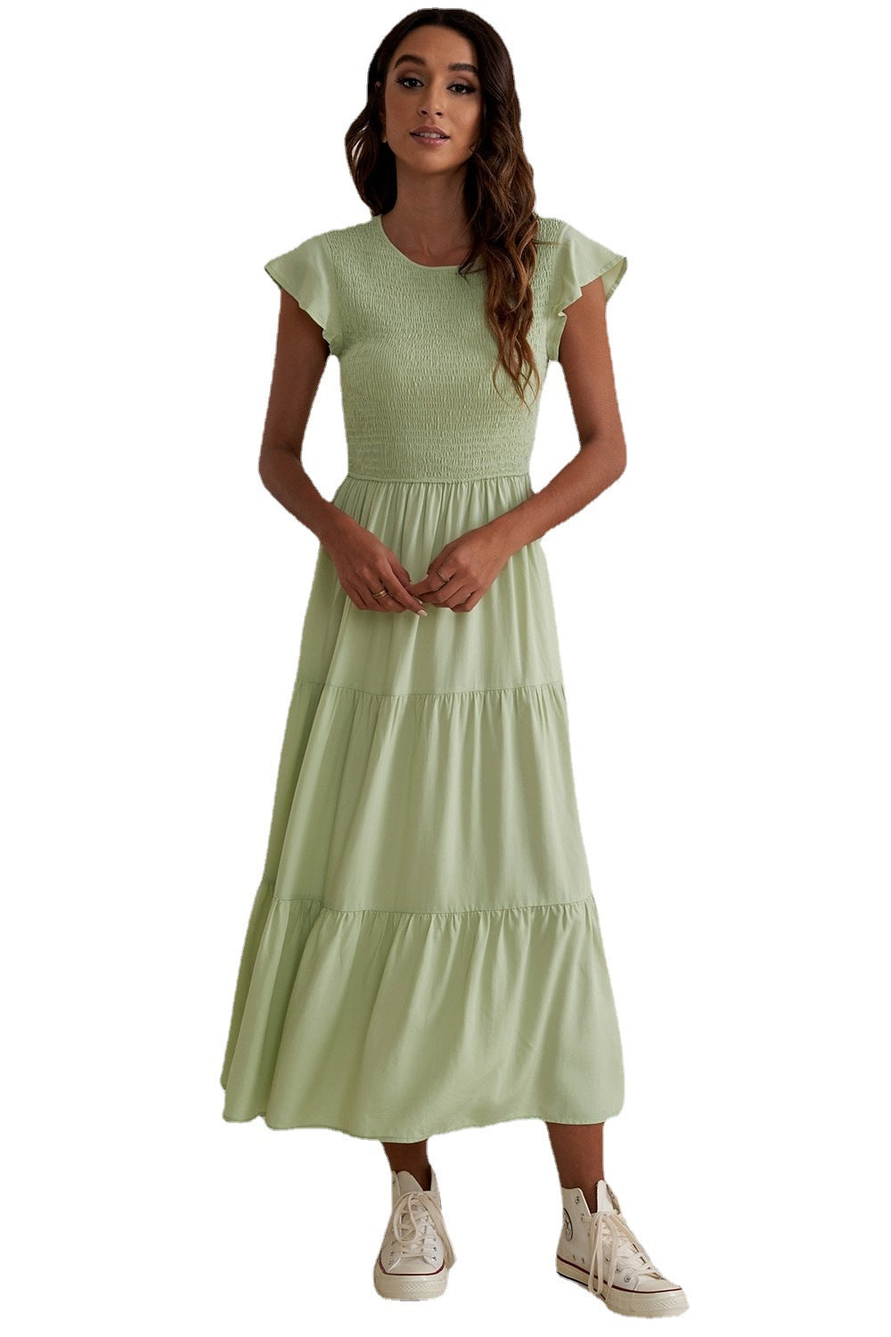 Damen Maxikleid mit voluminösen Rüschen und elastischem Rücken Heidi-Mode