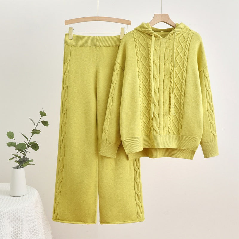 Damen lässiges Strick-Loungewear-Set mit Kapuze und breiten Beinen Heidi-Mode