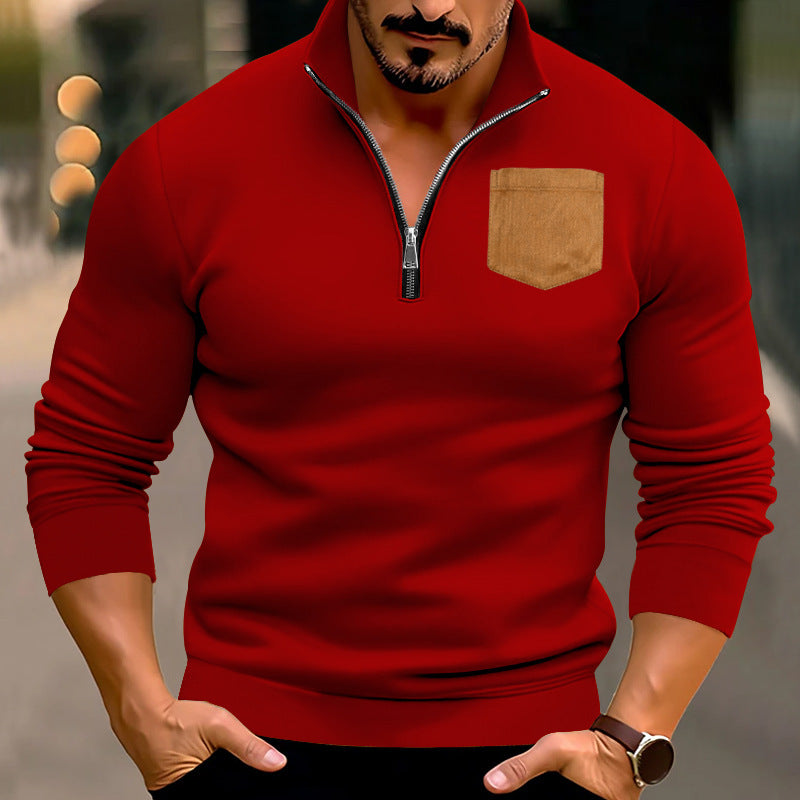 Herren sportlicher Pullover mit halbem Reißverschluss und kontrastierender Brusttasche Heidi-Mode
