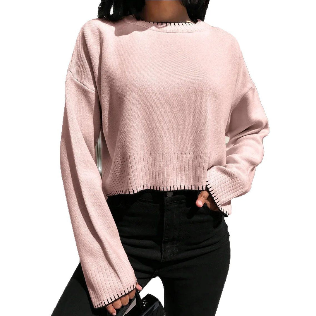 Damen lässiger Cropped Pullover mit feiner Rippstruktur und elastischem Bund Heidi-Mode