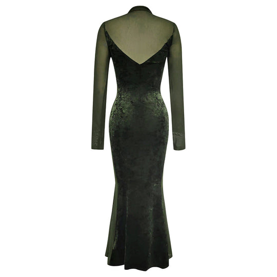 Damen Elegantes Samt-Maxi-Kleid mit transparenten Ärmeln und schickem V-Ausschnitt Heidi-Mode