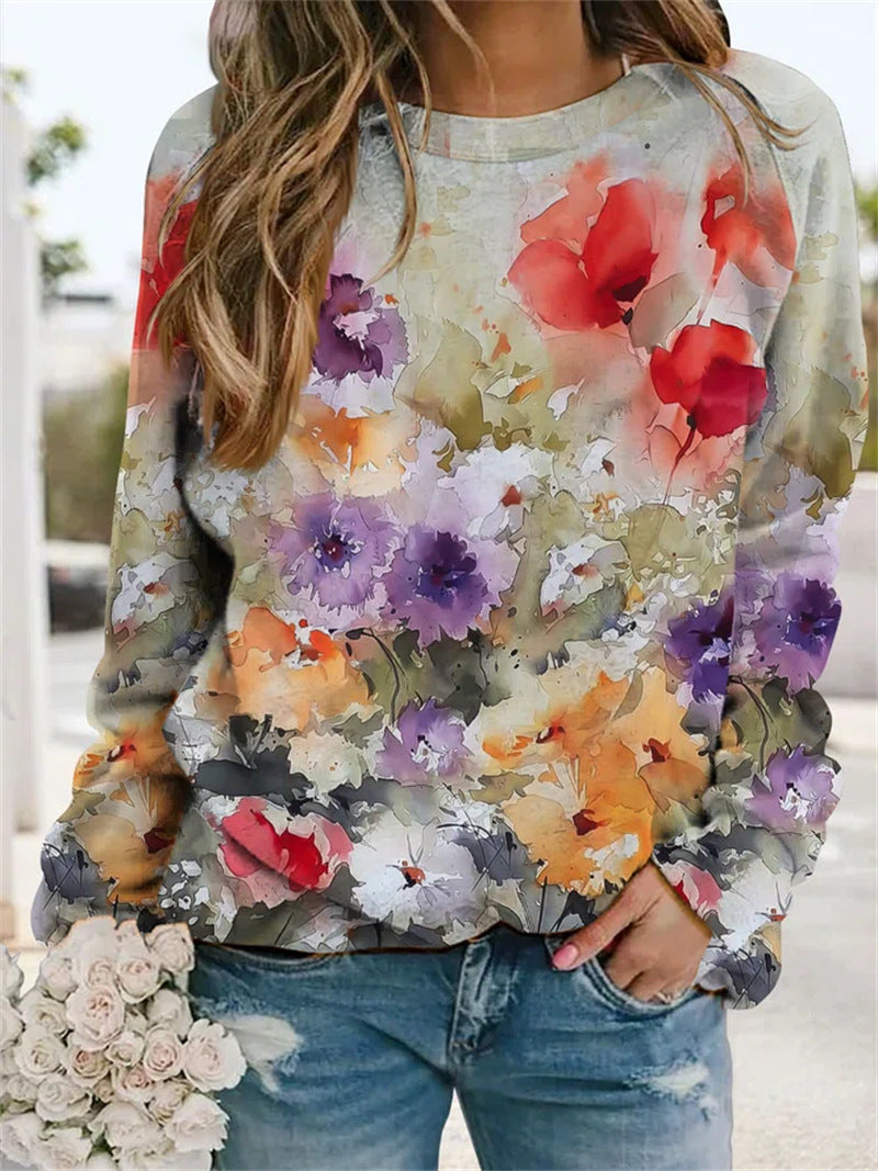 Heidi-Mode | Crew Neck Blümchen Langarm Sweatshirt