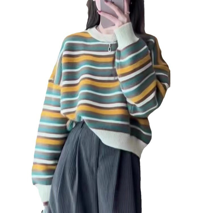 Damen gestreifter Pullover mit weitem Schnitt und modischen Details Heidi-Mode