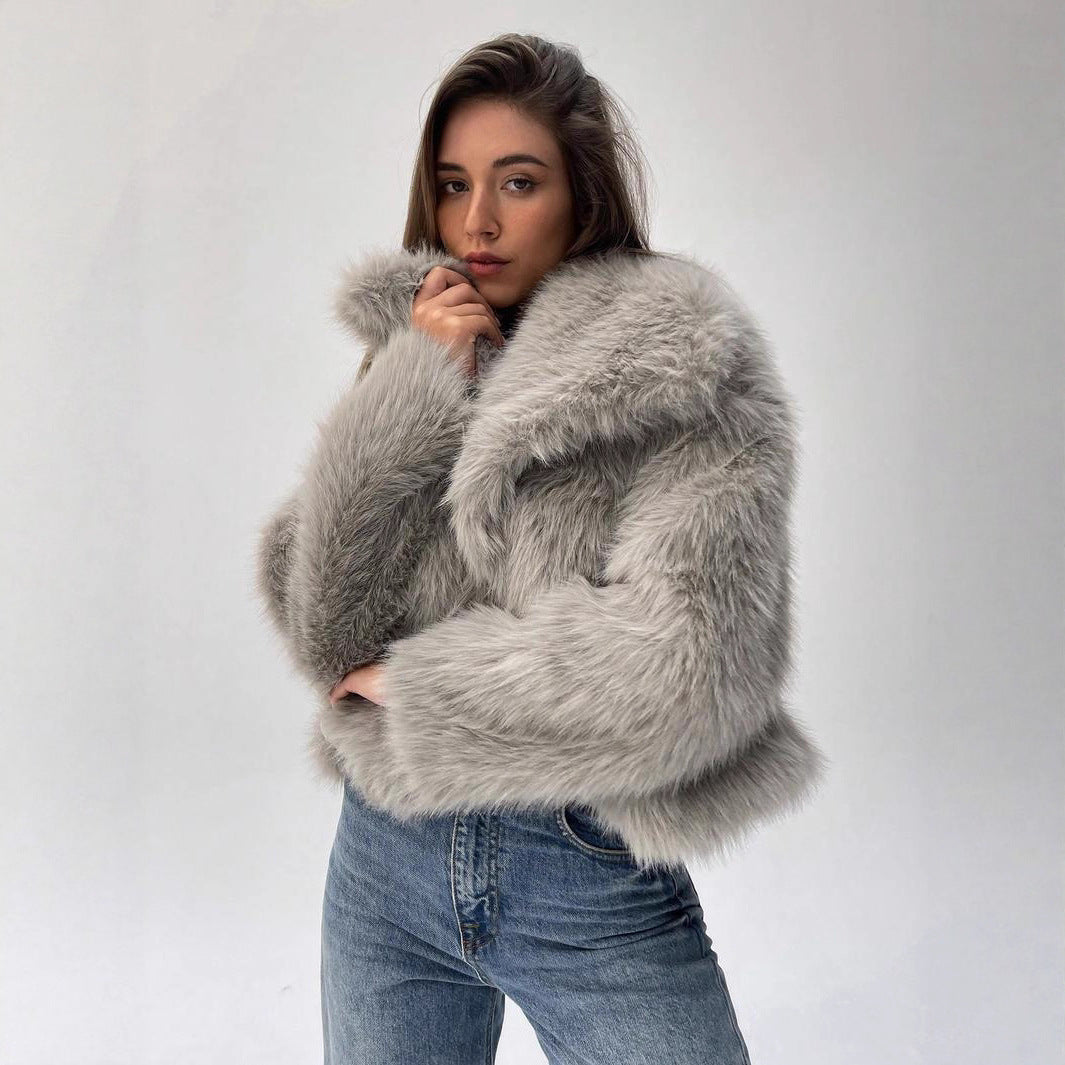 Damen Modischer Kunstpelz-Cropped-Jacke mit voluminösen Ärmeln Heidi-Mode