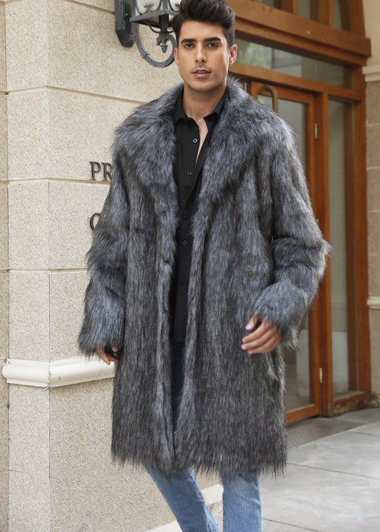 Herren Eleganter Kunstpelz-Mantel mit breitem Kragen und Relaxed Fit Heidi-Mode