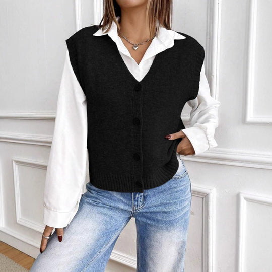 Damen Strickweste mit V-Ausschnitt und modischen Knöpfen Heidi-Mode