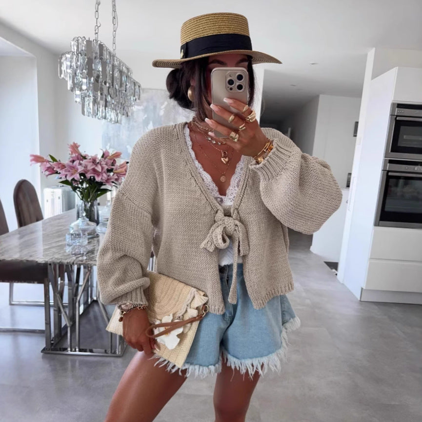 Damen lässige Strickjacke mit Bindeverschluss und weiten Ärmeln Heidi-Mode