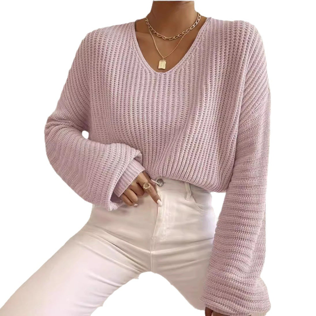 Damen V-Ausschnitt Strickpullover mit weiten Ärmeln Heidi-Mode