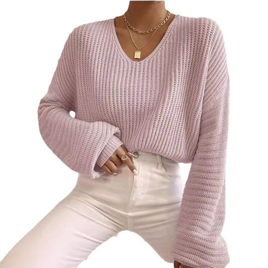 Damen V-Ausschnitt Strickpullover mit weiten Ärmeln Heidi-Mode