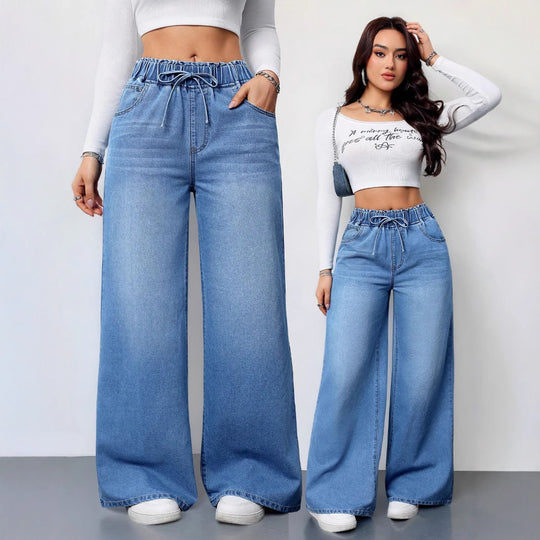 Damen Hochtaillierte Weite Jeans mit bequemem Kordelzug Heidi-Mode