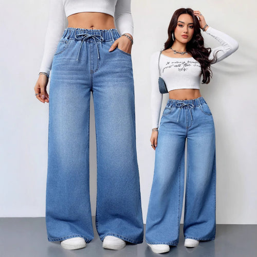 Damen Hochtaillierte Weite Jeans mit bequemem Kordelzug Heidi-Mode