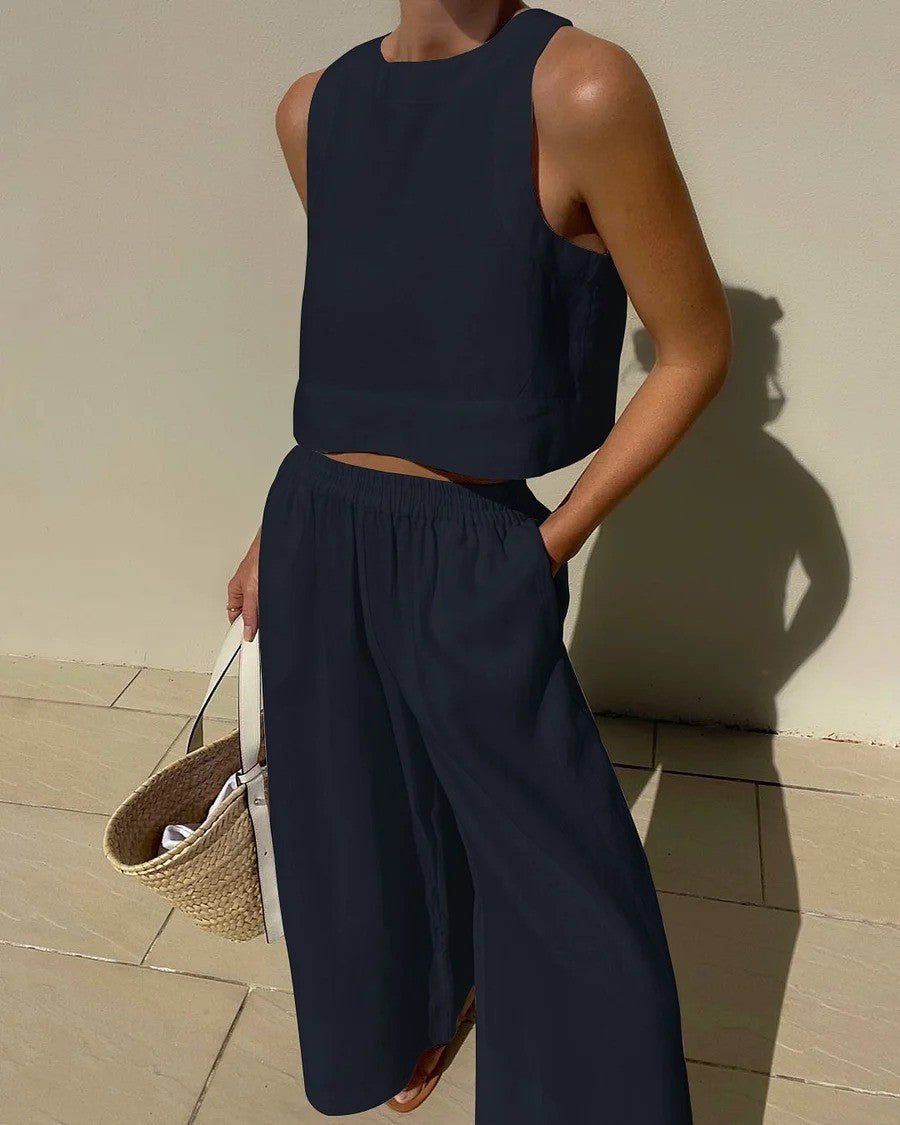 Damen luftiges und modernes Leinen-Set mit Cropped Top und weitem Hose Heidi-Mode