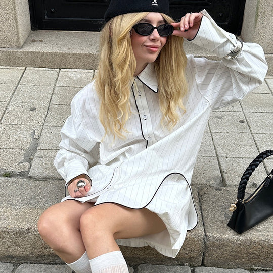 Damen Oversized Hemdblusenkleid mit Kontrastnähten und modernem Design Heidi-Mode