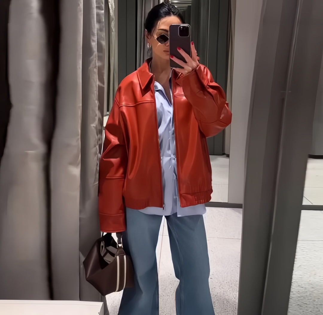 Damen Oversized Kunstlederjacke mit großzügigem Schnitt und modischen Details Heidi-Mode
