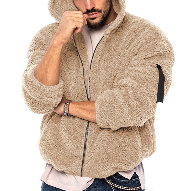 Herren flauschige Fleecejacke mit angeschnittener Kapuze und tiefen Taschen Heidi-Mode