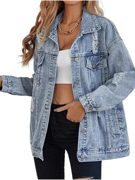 Damen lässige Oversized Jeansjacke mit distressed Details und hochwertigen Metallknöpfen Heidi-Mode