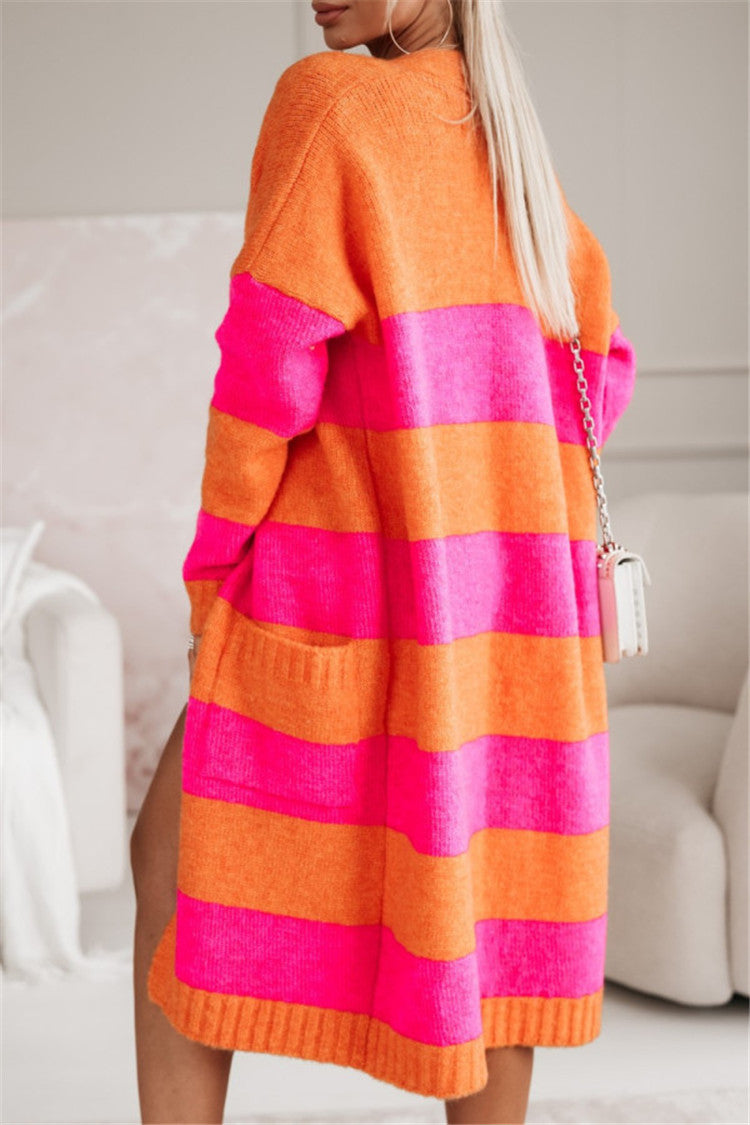 Damen lässiger Strickmantel mit großen Streifen Heidi-Mode