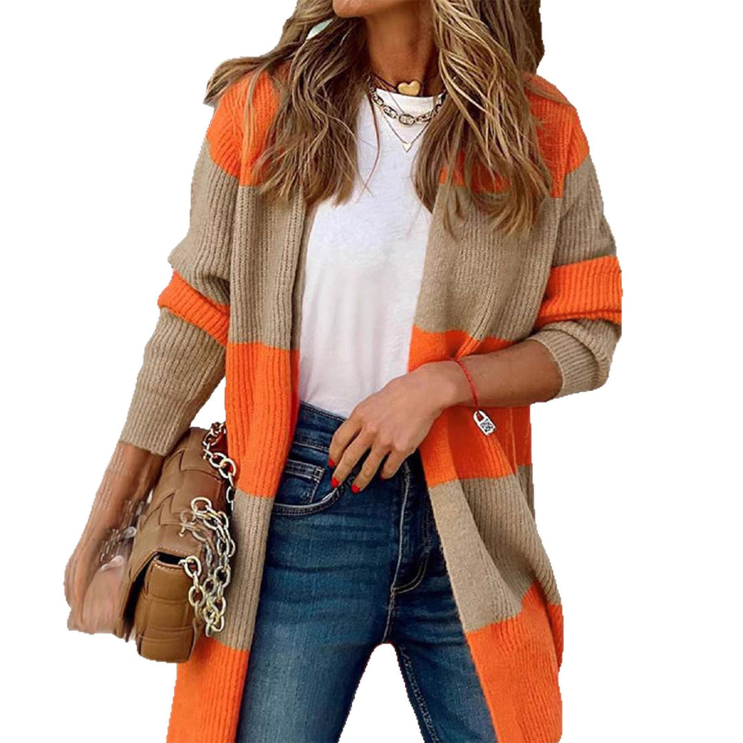 Damen langärmeliger Strickcardigan mit modischem Blockstreifen Heidi-Mode
