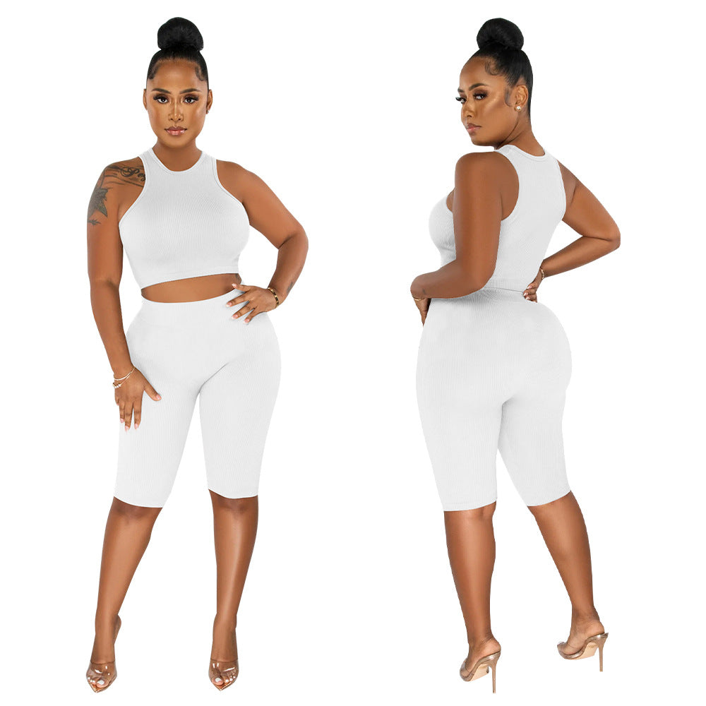 Damen Zweiteiliges Sport-Set mit hochgeschlossenem Top und figurbetonten Radlerhosen Heidi-Mode