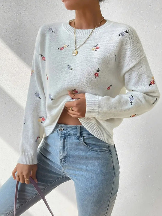 Damen kuscheliger Strickpullover mit floralem Motiv Heidi-Mode