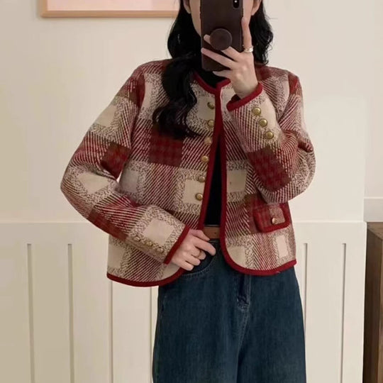 Damen Freizeitblazer mit eleganter Karomusterung und Knopfdetails Heidi-Mode