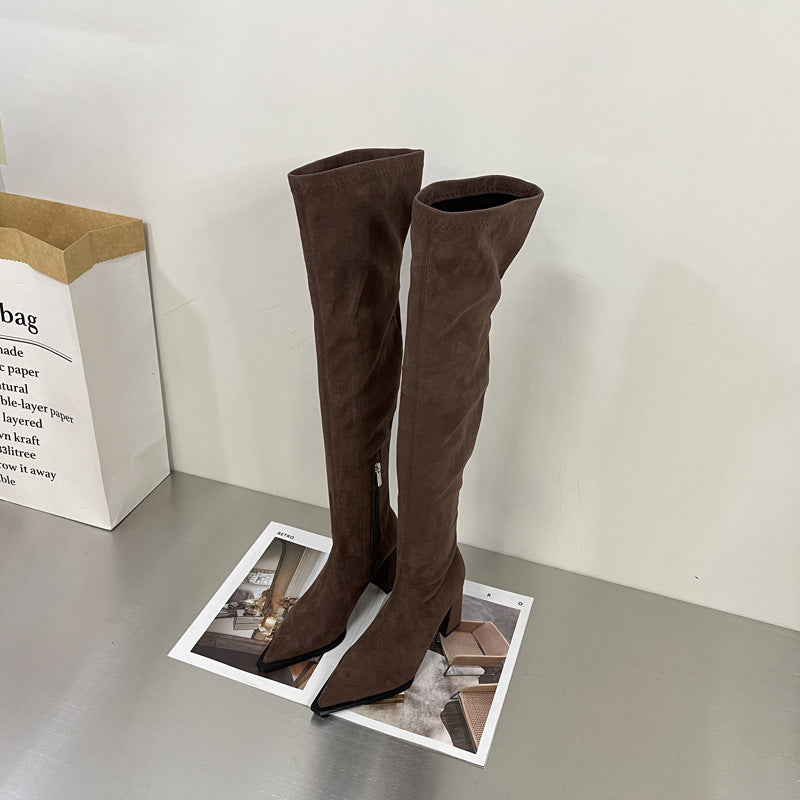 Heidi-Mode | Chunky Heel Hohe Stiefel Lange Wildleder Reißverschluss Stretch Dünn