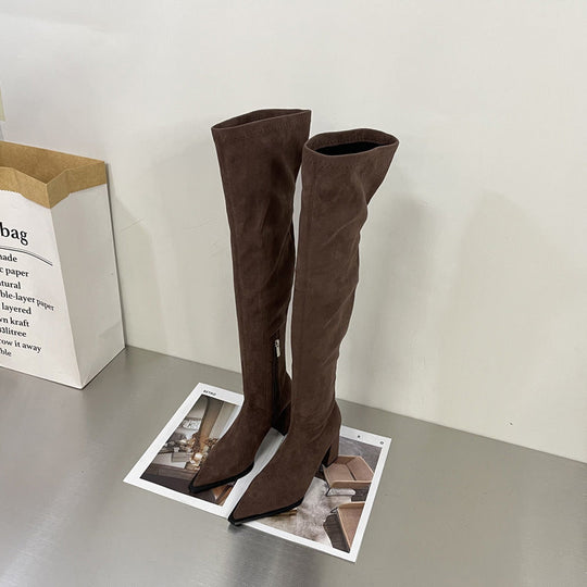 Heidi-Mode | Chunky Heel Hohe Stiefel Lange Wildleder Reißverschluss Stretch Dünn