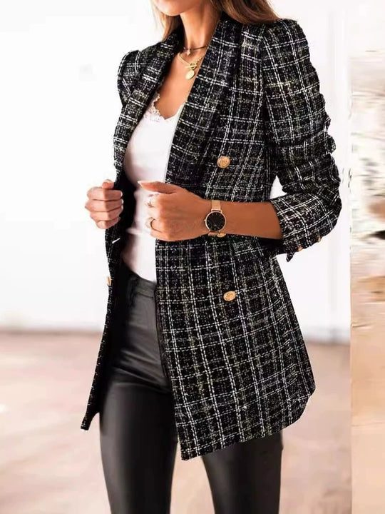 Damen Eleganter Tweed-Blazer mit doppelter Knopfreihe und strukturierter Textur Heidi-Mode