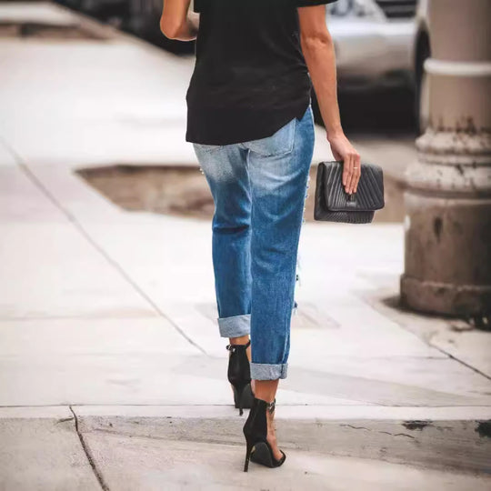 Damen Ripped Boyfriend Jeans mit lässigem Schnitt und fransigen Elementen Heidi-Mode