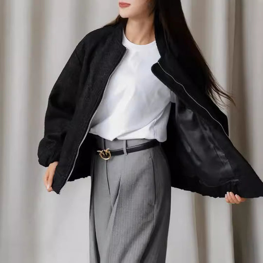 Damen Modische Bomberjacke aus weichem Wollmix mit Extragroßen Ärmeln Heidi-Mode