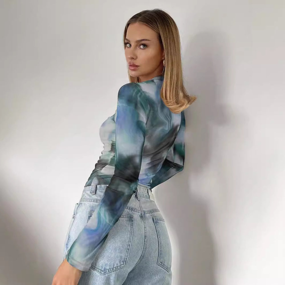 Damen Langärmliges Kunstseidenoberteil mit abstraktem Muster Heidi-Mode