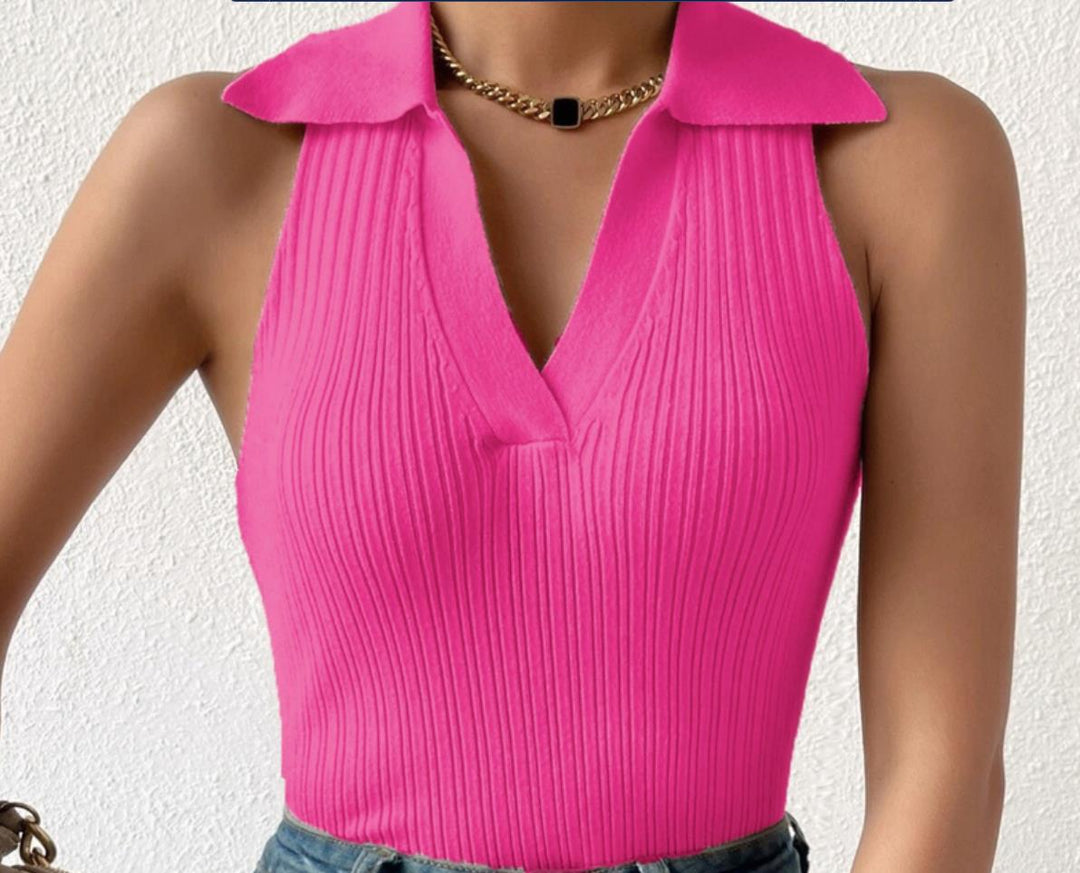 Damen Ärmelloses Strickoberteil mit modischem Kragen und Rippstruktur Heidi-Mode