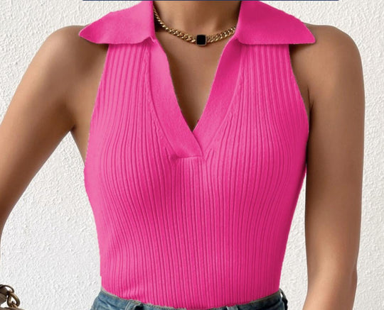 Damen Ärmelloses Strickoberteil mit modischem Kragen und Rippstruktur Heidi-Mode