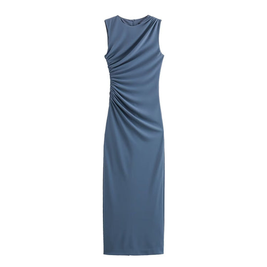 Heidi-Mode | Einfarbiges Rundhalsausschnitt Ärmelloses Faltendes Slim Fit Kleid