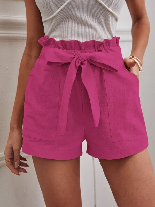 Damen kurze Lockere Leinenhose mit Bindegürtel Heidi-Mode