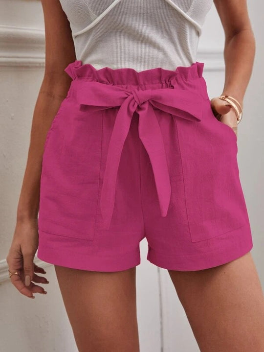 Damen kurze Lockere Leinenhose mit Bindegürtel Heidi-Mode
