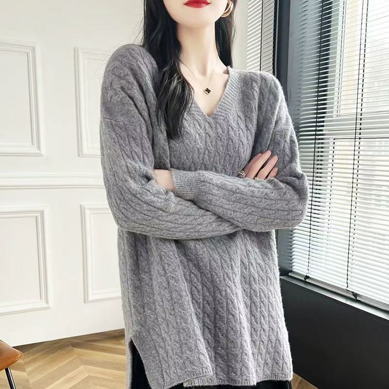 Damen Grobstrickpullover mit V-Ausschnitt und lässigem Schnitt Heidi-Mode