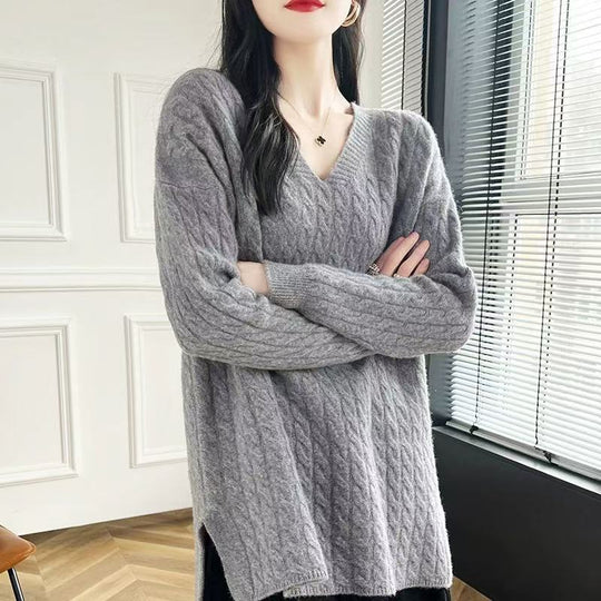 Damen Grobstrickpullover mit V-Ausschnitt und lässigem Schnitt Heidi-Mode