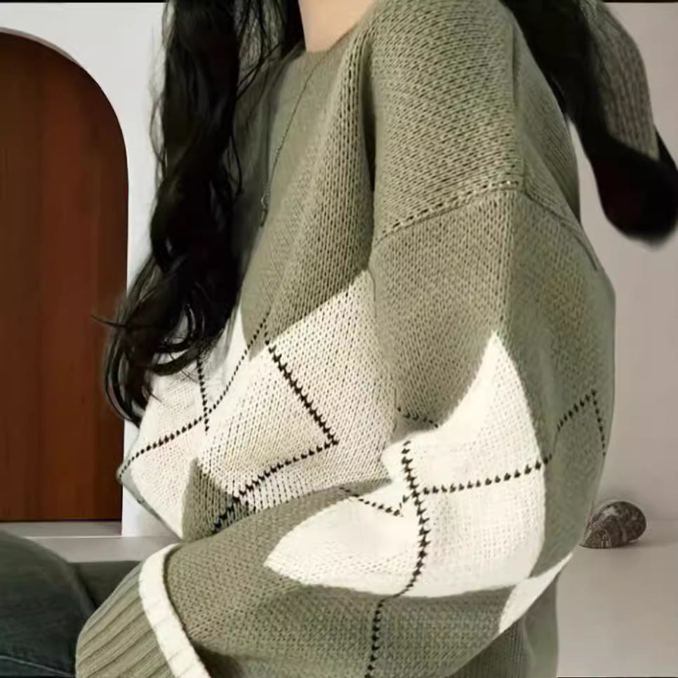 Damen Grobstrickpullover mit modernen Rautenmustern und weitem Schnitt Heidi-Mode
