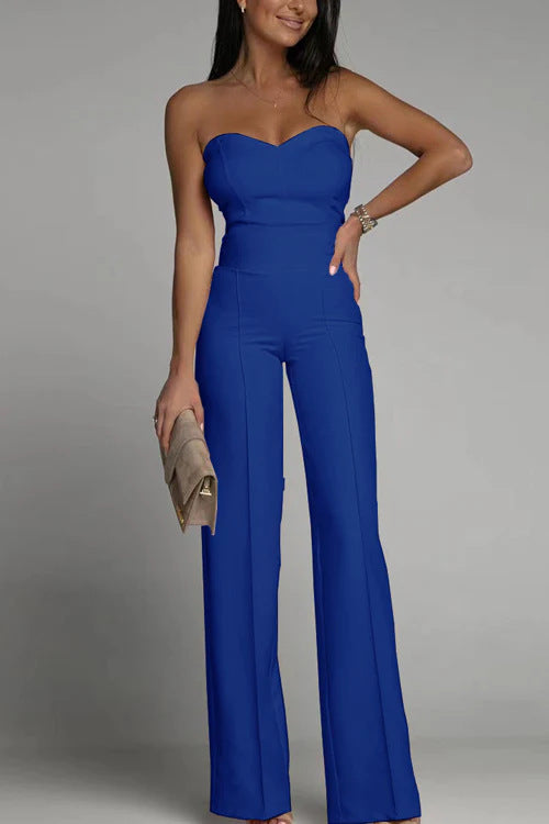 Damen schulterfreier Jumpsuit mit elegantem Herz-Ausschnitt und weitem Bein Heidi-Mode