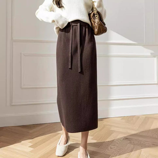 Damen Midi-Rock mit Taillenschnürung und geripptem Design Heidi-Mode