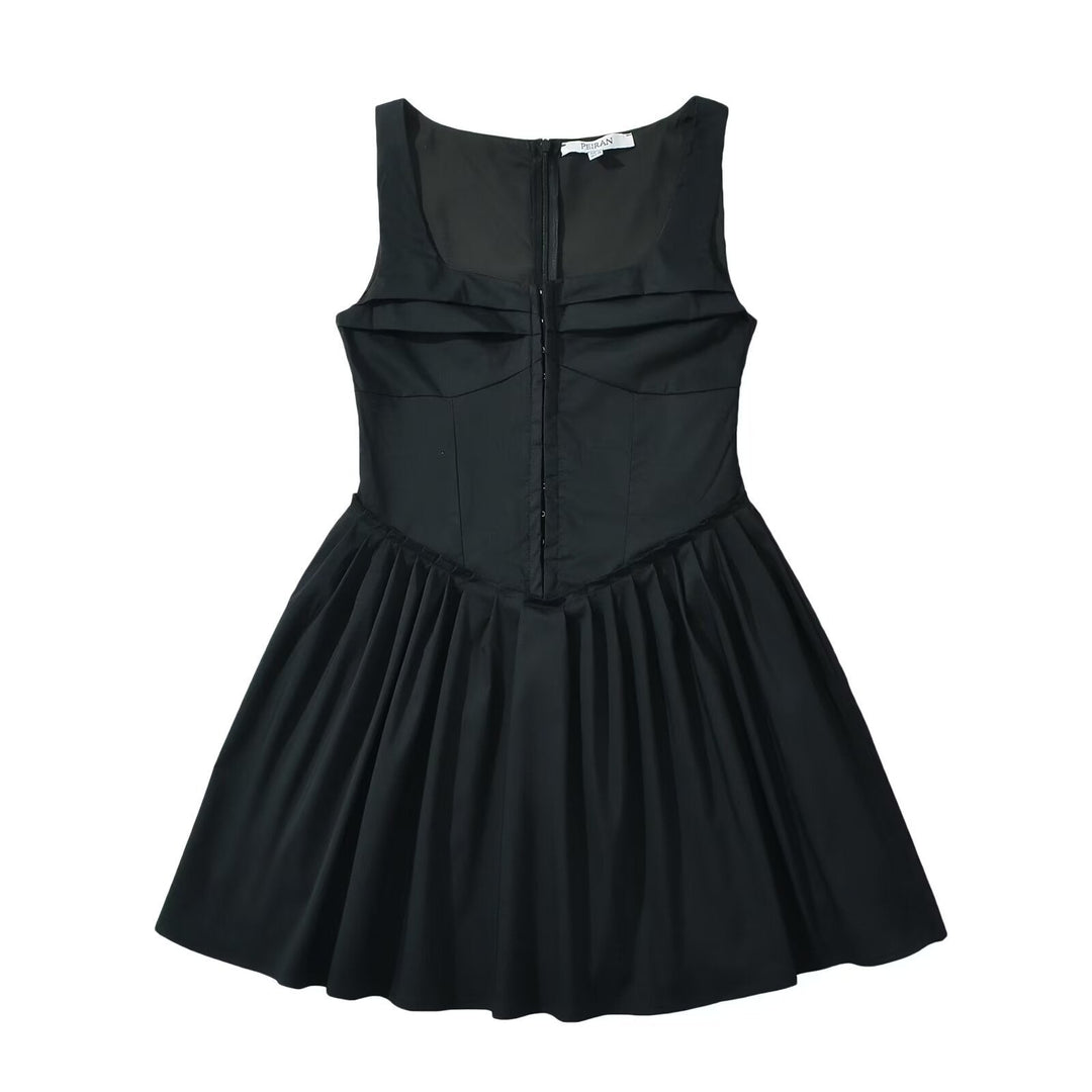 Heidi-Mode | Square Neck Slim Fit Falten Mini Weste Kleid
