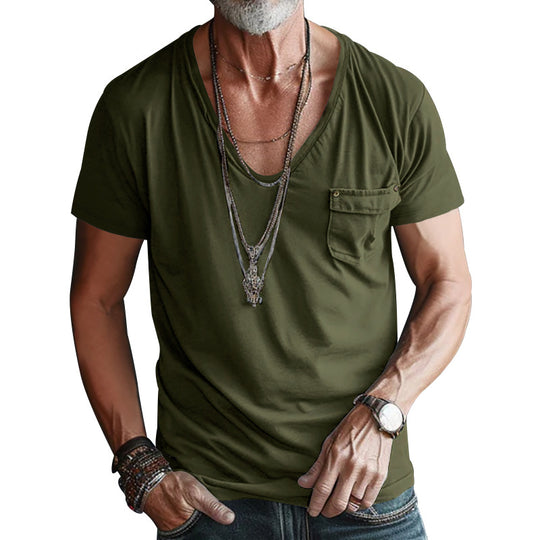 Herren hochwertiges V-Ausschnitt T-Shirt mit praktischer Brusttasche Heidi-Mode
