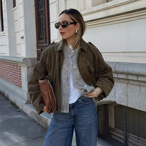 Damen lockere Cropped Jacke aus Wildlederimitat Heidi-Mode